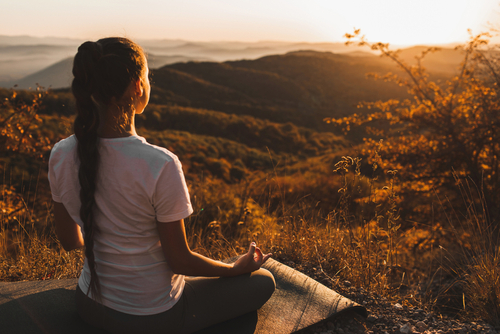 Rückenansicht einer dunkelhaarigen Frau mit Zopf, die auf einer Matte im Freien meditiert und die Aussicht auf die Landschaft genießt.